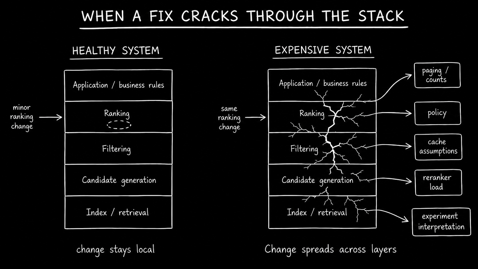 Cracks spreading through the layers of a search system as one relevance change leaks across retrieval, filtering, ranking, policy, and application logic.